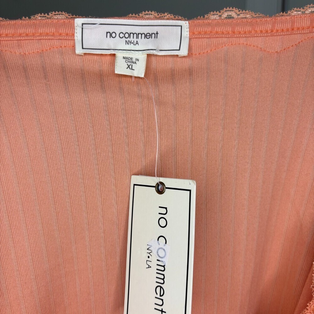 NO COMMENT NEW Knit Ribbed V-Neck Top Womens XL Lace Orange Tie Cropped Short Sl - Picture 8 of 8